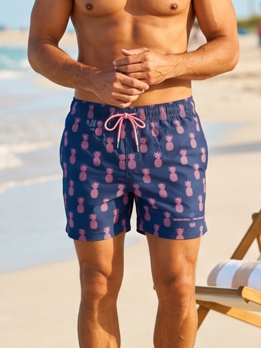 NWOT | Navy Pink Pineapple Print Swim Shorts Zipper Side Pockets & Back Pocket |